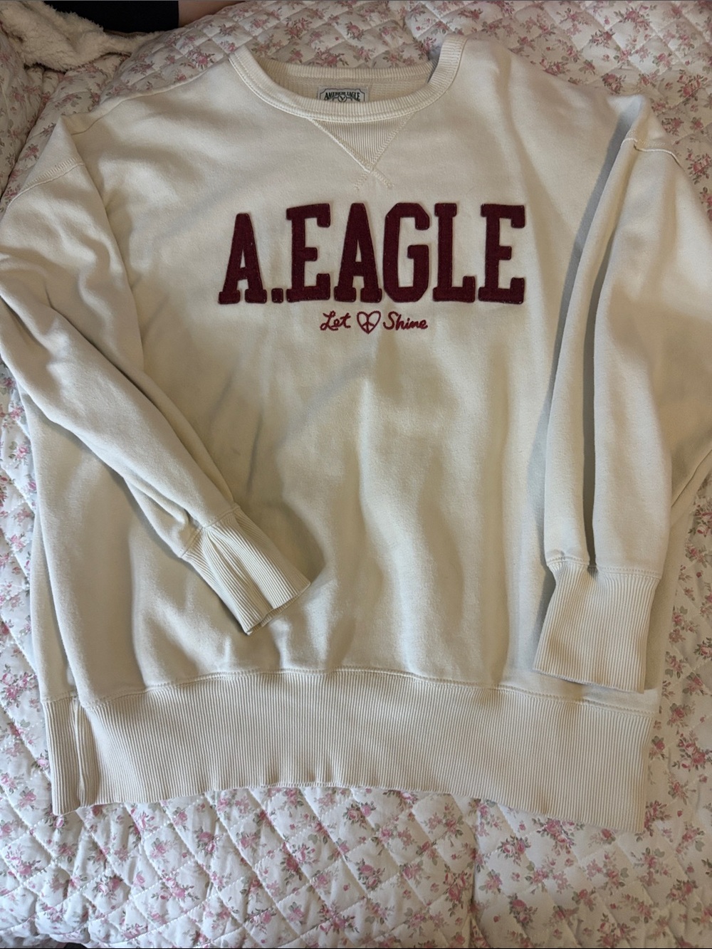 American Eagle Outfitters Cream Crewneck with Burgundy Logo